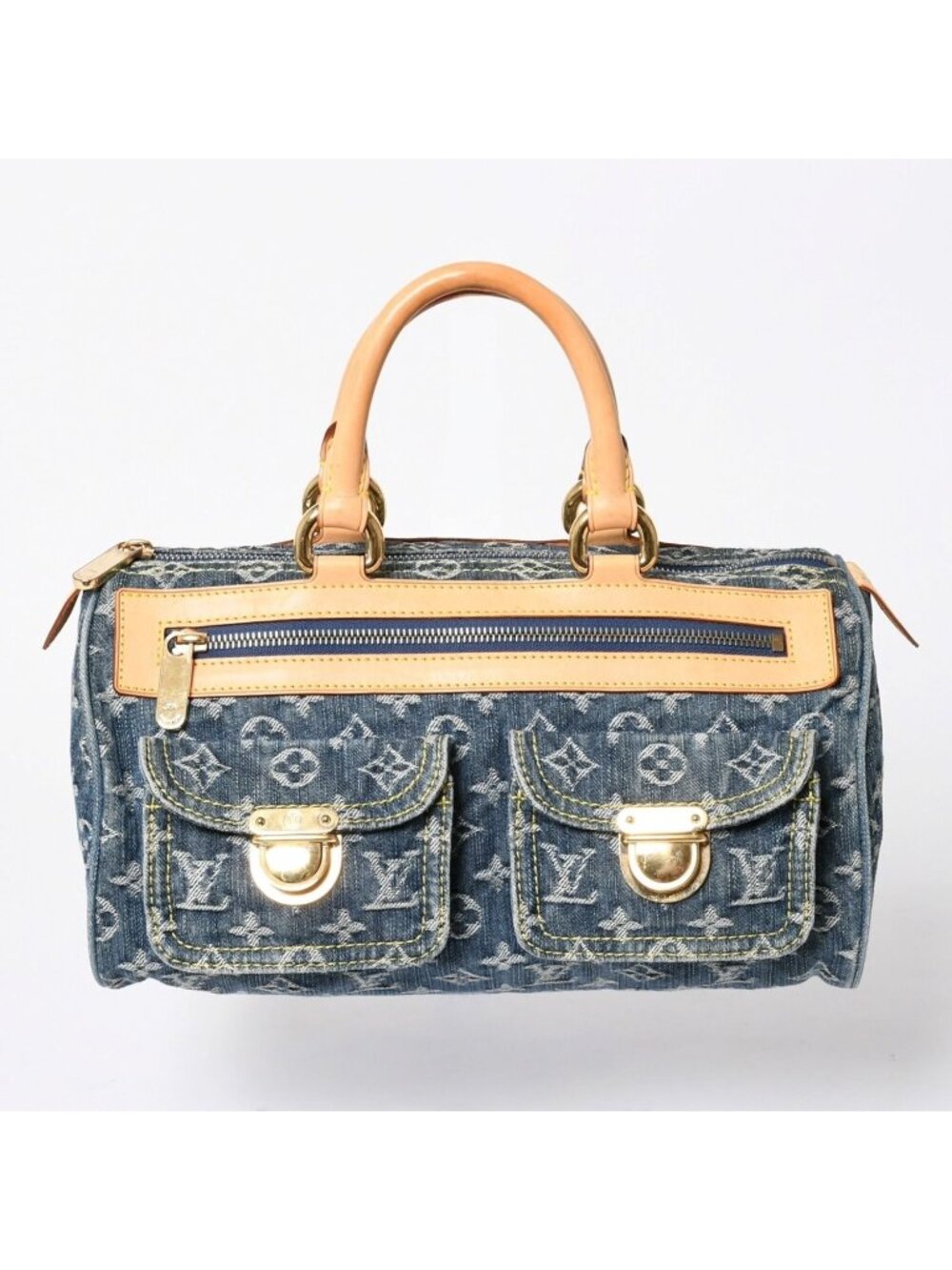 Louis Vuitton Neo Speedy Handbag Monogram Denim Indigo Blue Gold